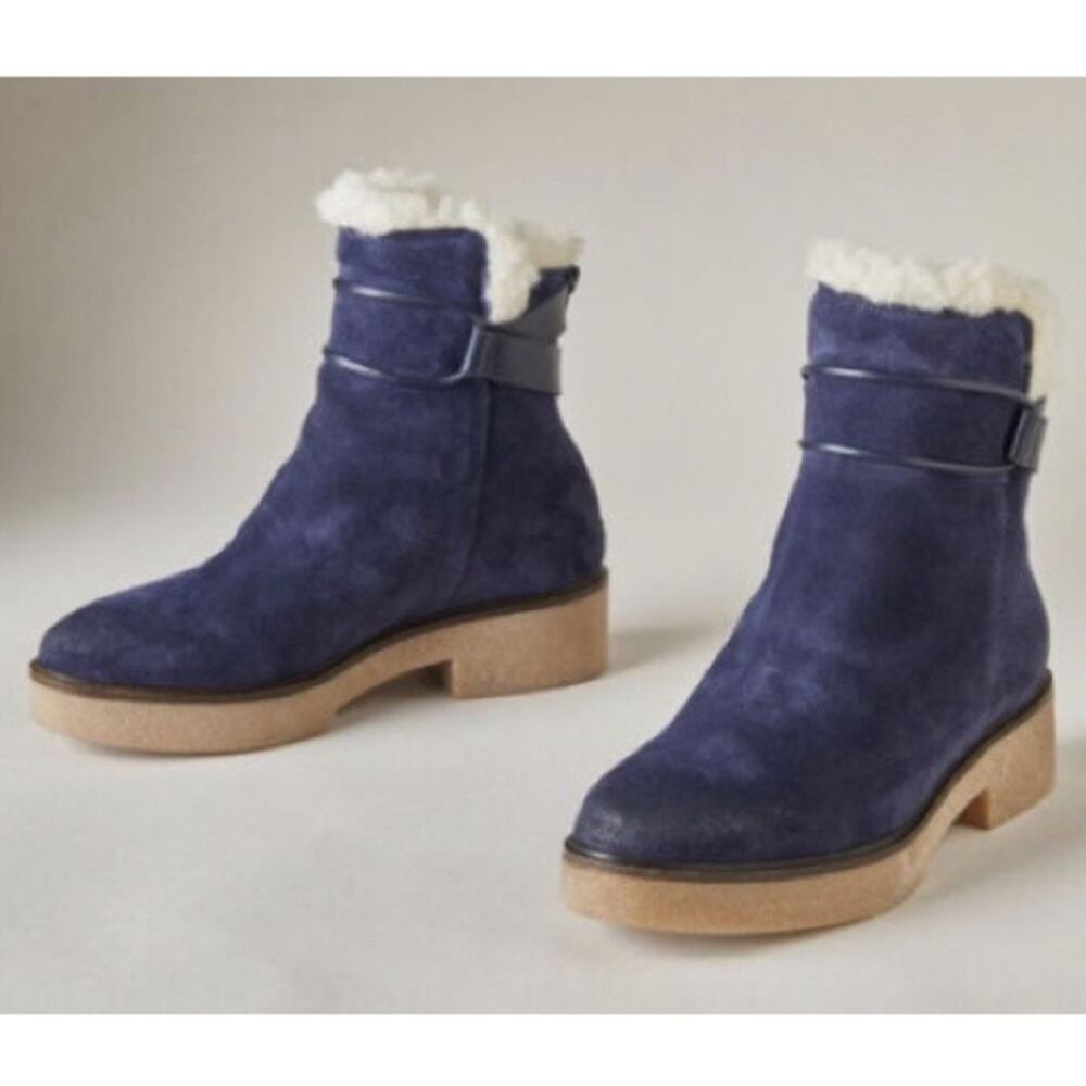 Sundance Willette Shearling Suede Ankle Zip Boot Blue Suede Size 36 Boho Winter